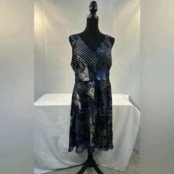 DKNY High-Low Blue/Black Floral Printed Sleeveless Dress, Size 14 - Picture 1 of 6